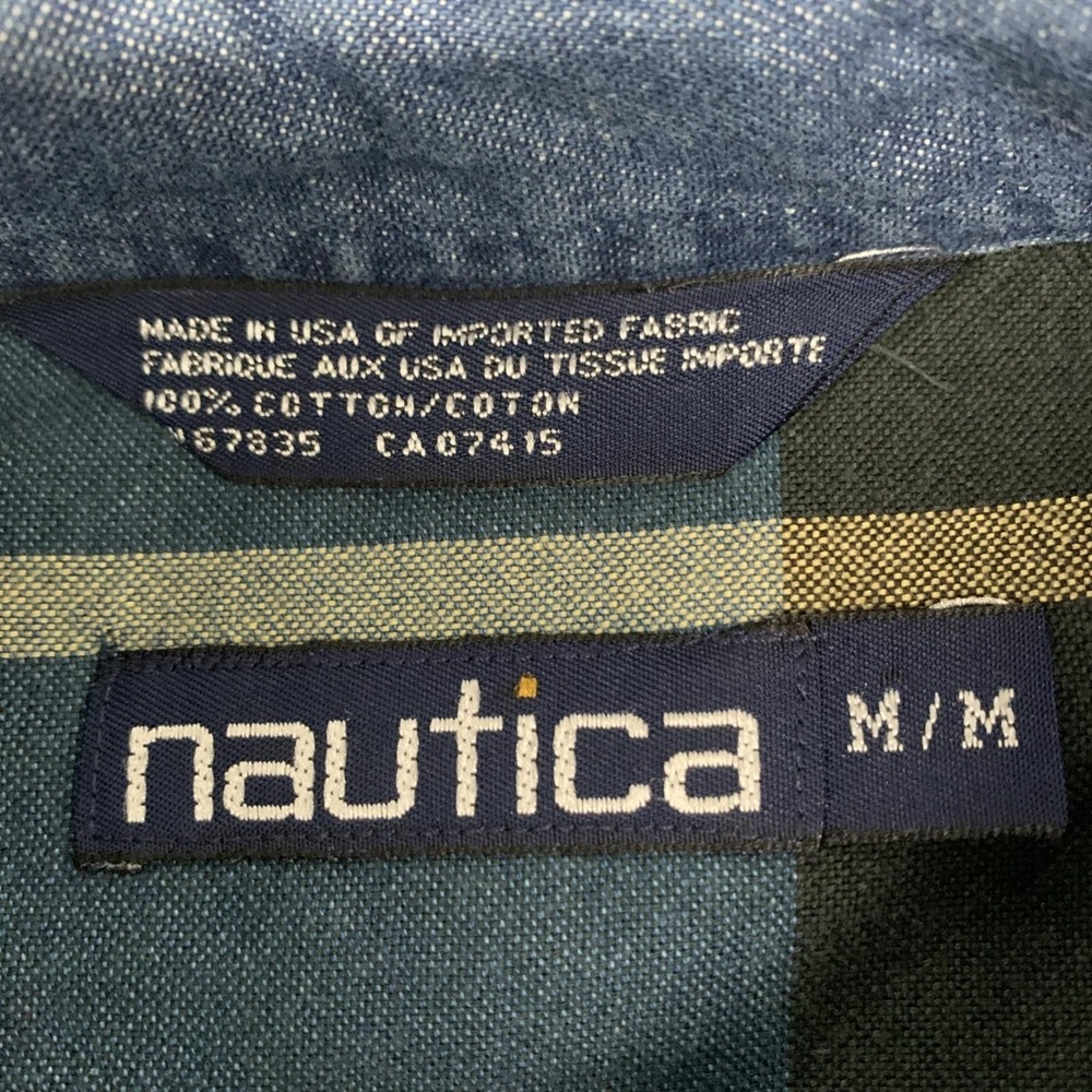 Vintage 90s Nautica Shirt Mens M Faded Rainbow Window Pane Denim Collared Button - Picture 5 of 9